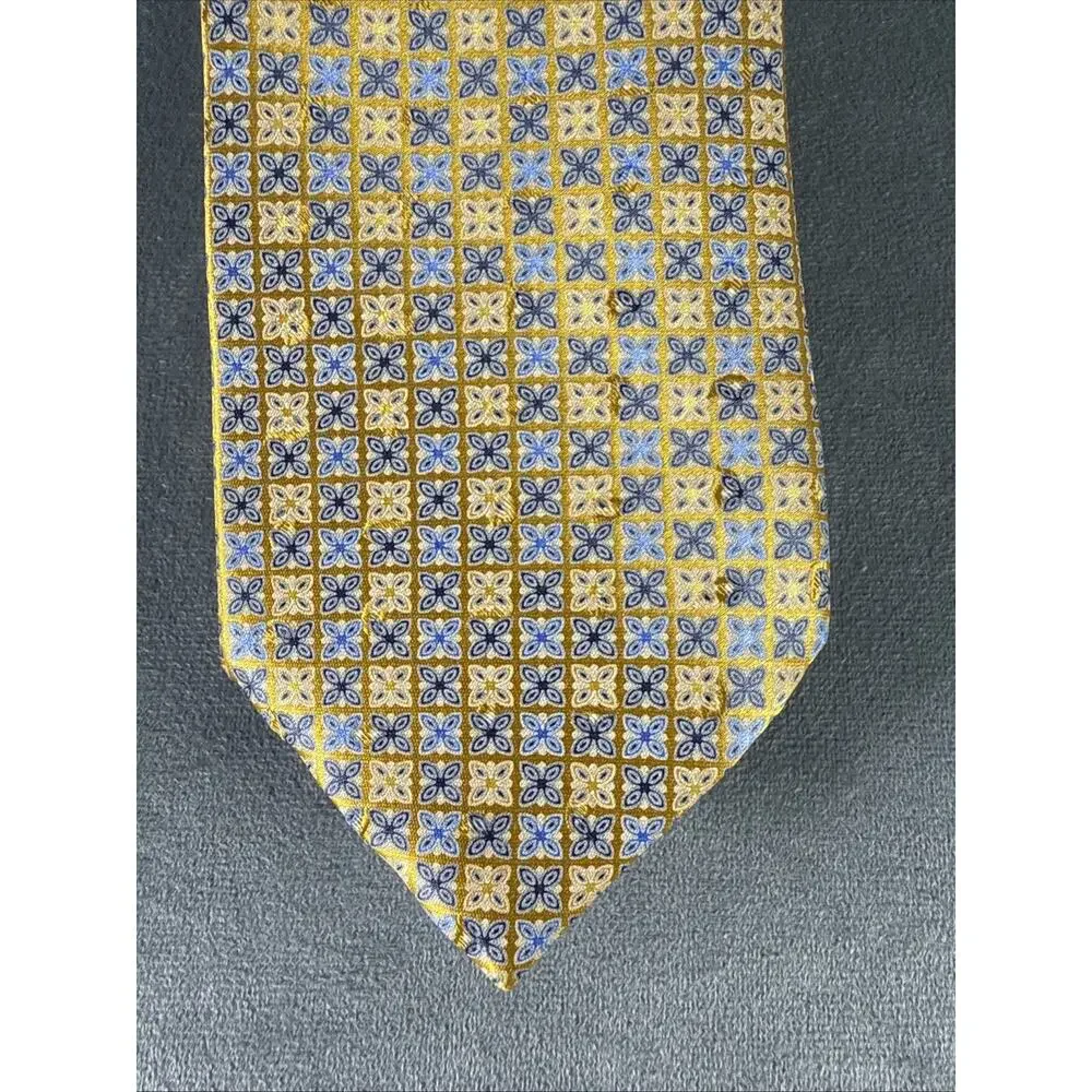 Ermenegildo Zegna Gold Blue Floral‎ Design Mens Silk Necktie 3.5